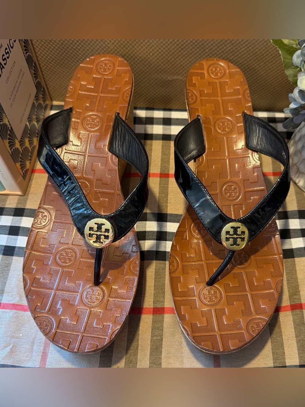Tory Burch Black Patent Leather Wedge Thong Sandals with Gold Logo